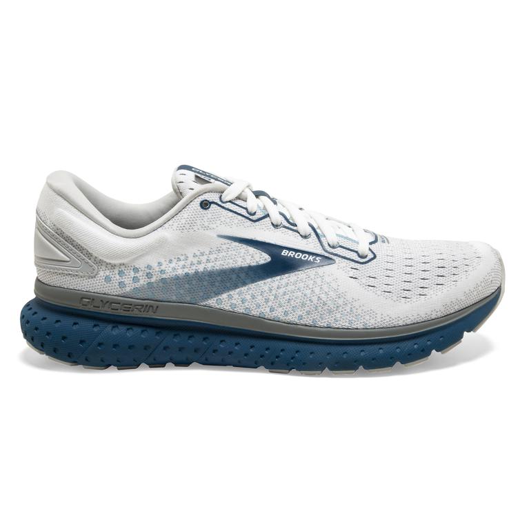 Brooks Mens Glycerin 18 Road Running Shoes - White/Grey/Poseidon (673084-LCF)